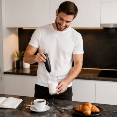 mousseur de lait homme préparation cappuccino cuisine 