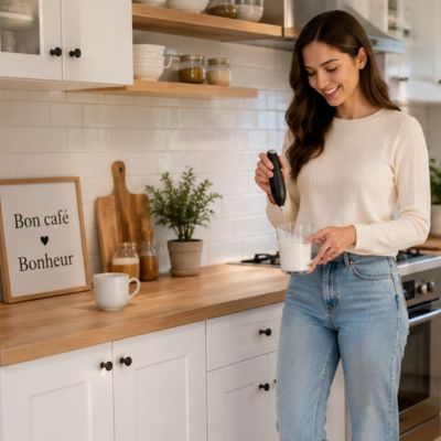 mousseur de lait noir femme souriante cuisine moderne