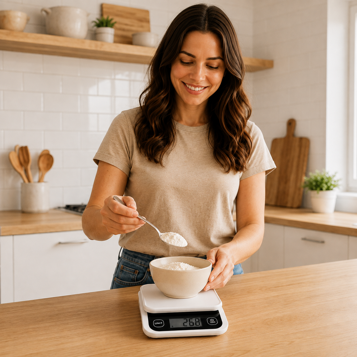 Balance Cuisine numérique avec femme pesant de la farine