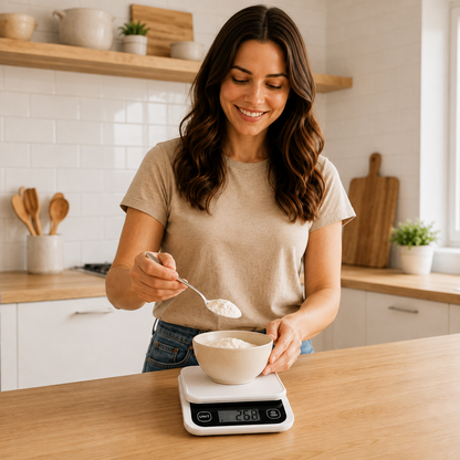 Balance Cuisine numérique avec femme pesant de la farine