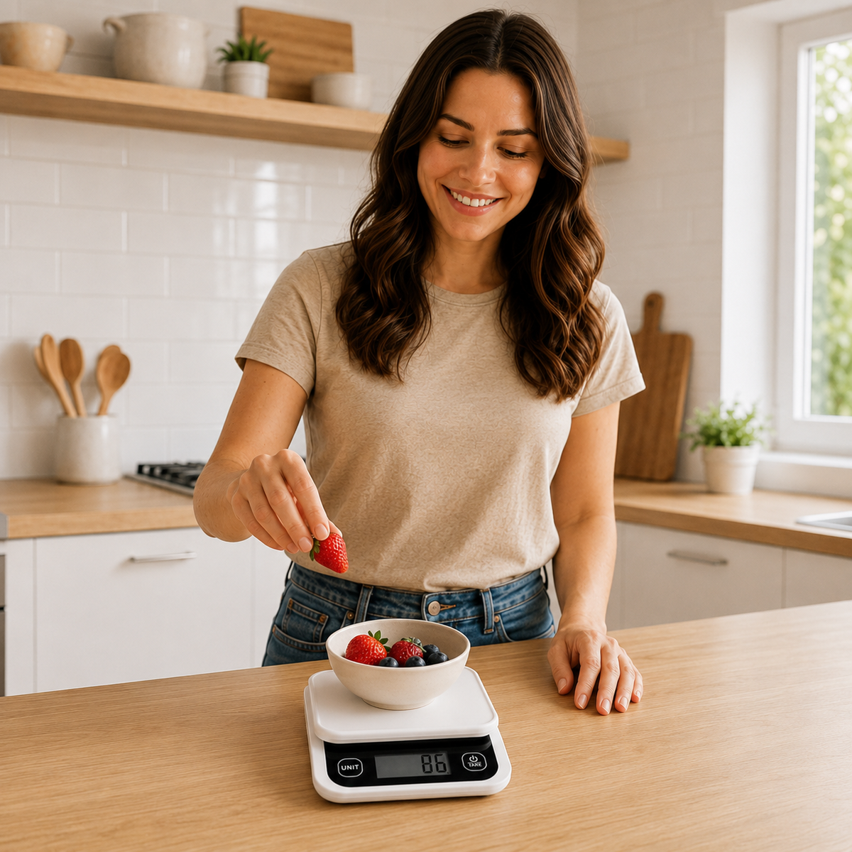 Balance Cuisine numérique avec femme pesant des fruits