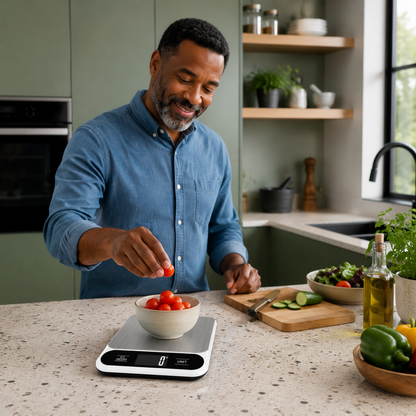 Balance cuisine préparation de légumes avec un homme