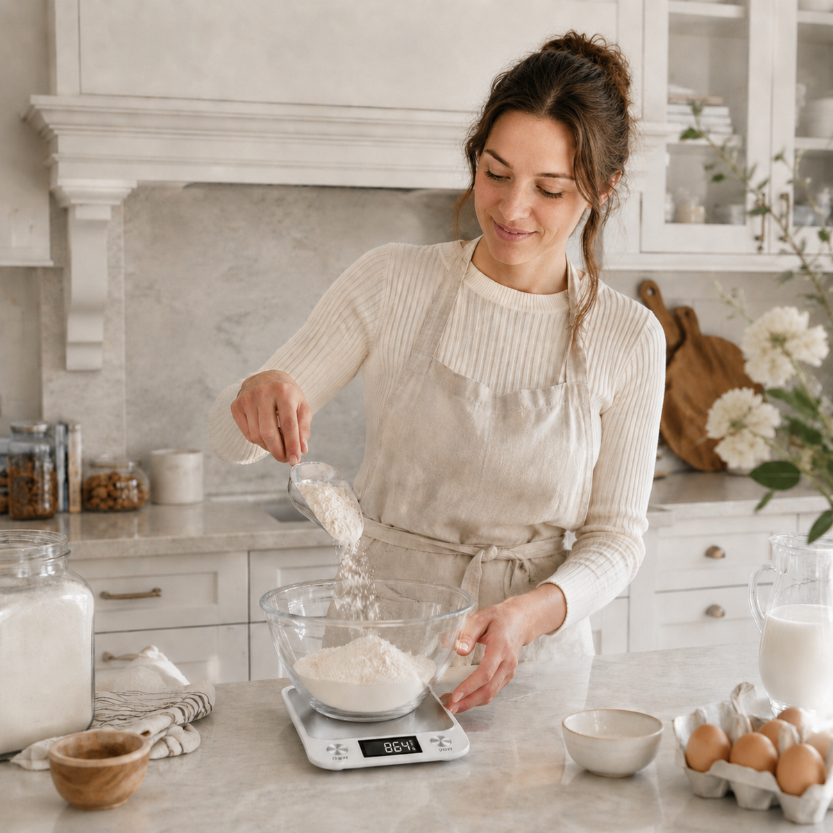 Balance de cuisine blanche utilisée en pâtisserie