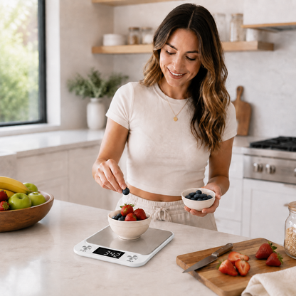 Balance de cuisine blanche pour portions de fruits