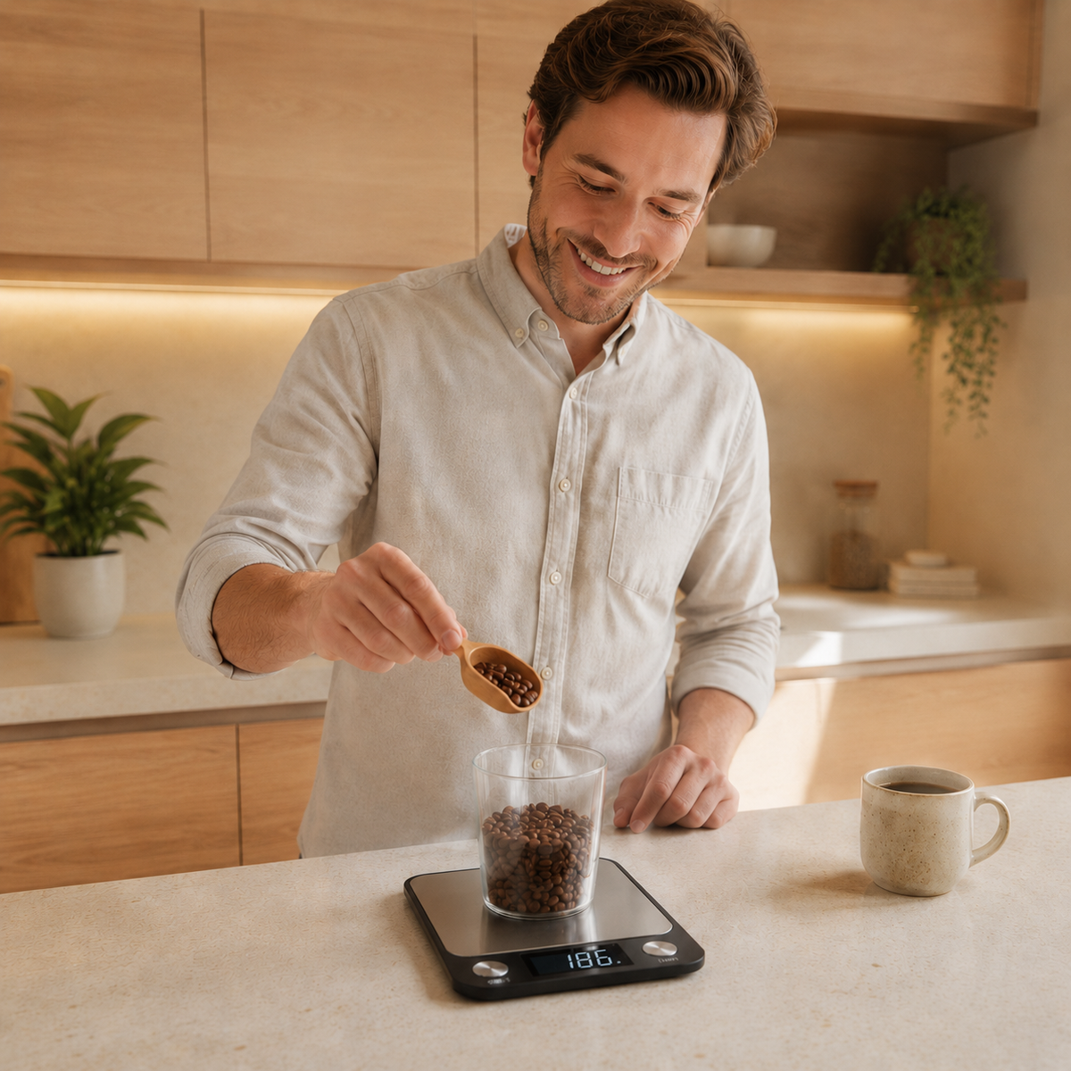 Balance de cuisine noire pesant des grains de café