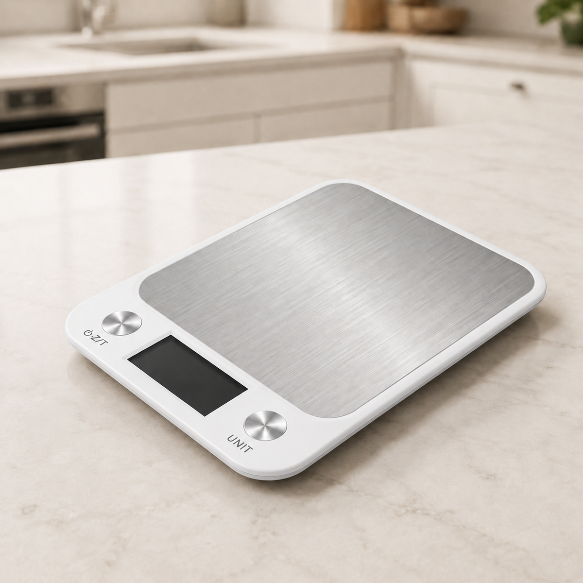 Balance de cuisine blanche sur comptoir moderne