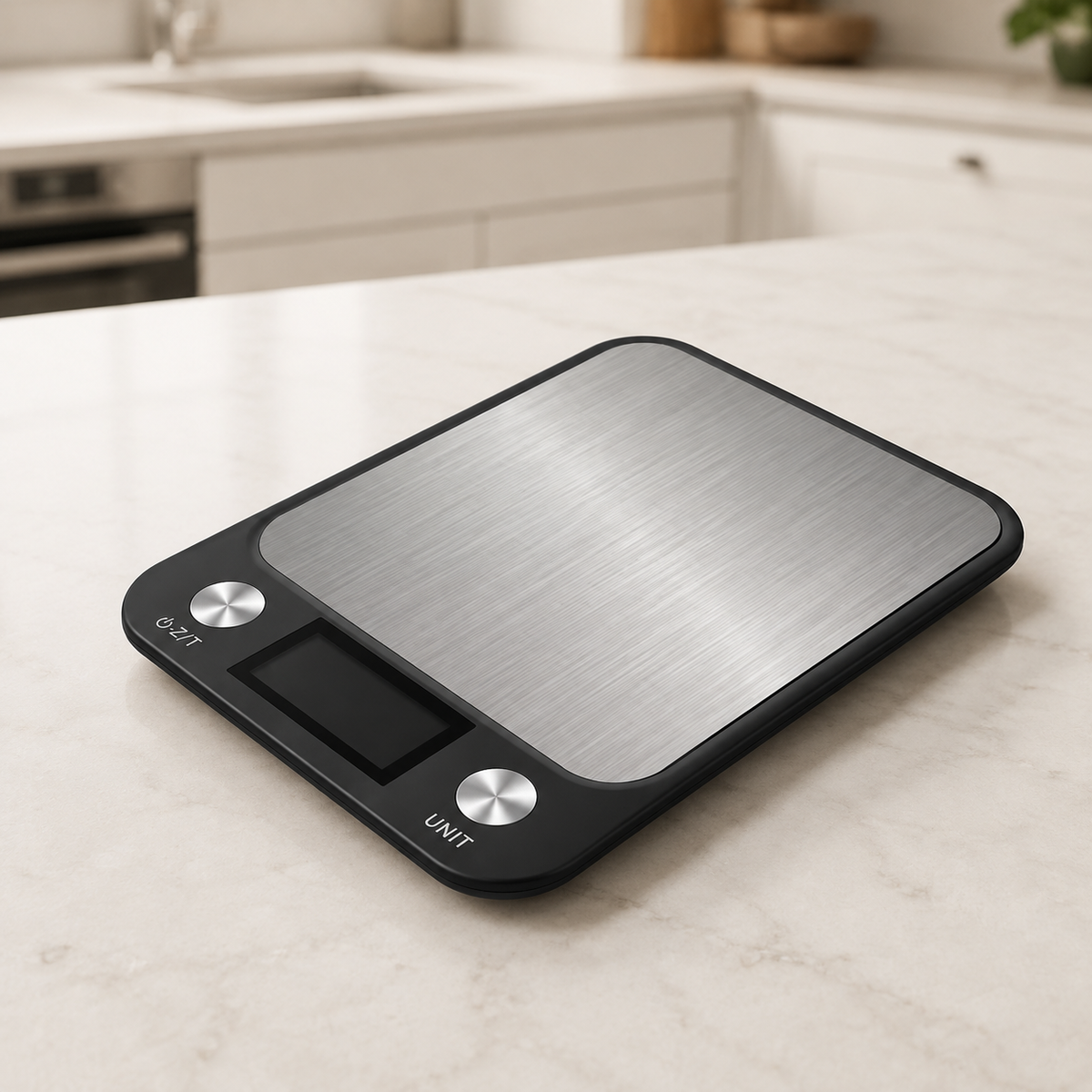 Balance de cuisine noire sur comptoir moderne