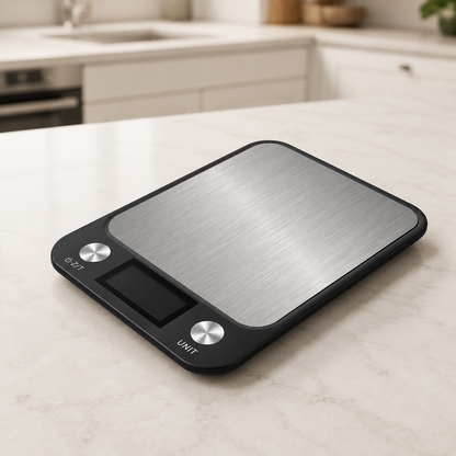 Balance de cuisine noire sur comptoir moderne