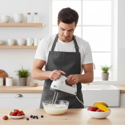 Batteur électrique mélangeant de la crème fouettée dans une cuisine lumineuse avec un plan de travail moderne.