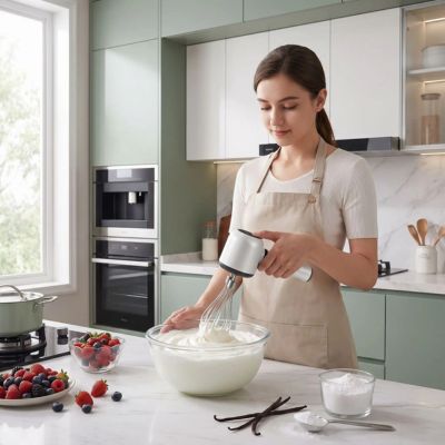 Batteur Electrique ergonomique utilisé pour fouetter une préparation culinaire dans une cuisine moderne et bien éclairée.
