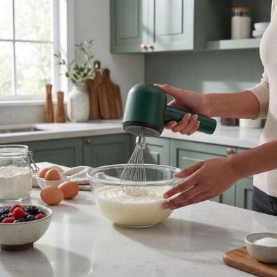Batteur Electrique compact utilisé dans une cuisine moderne pour préparer des pâtisseries maison avec rapidité et précision.