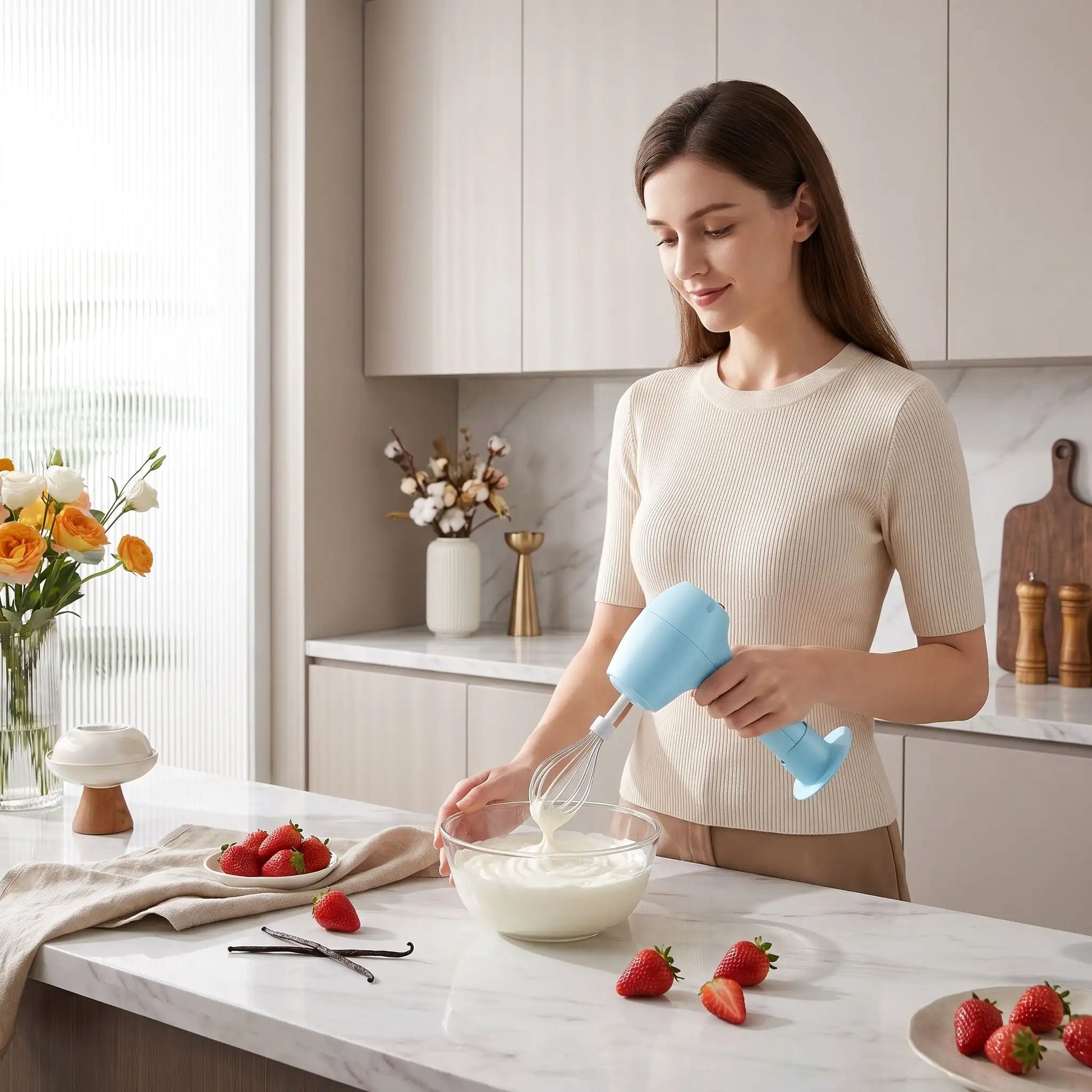 Préparation d'une crème avec un batteur électrique ergonomique dans une cuisine moderne et lumineuse.