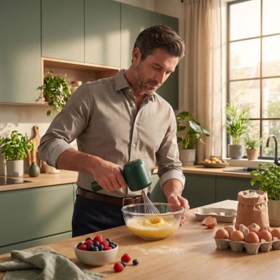 Batteur Electrique avec double fouet en acier inoxydable utilisé pour préparer une pâte à dessert dans une cuisine contemporaine.