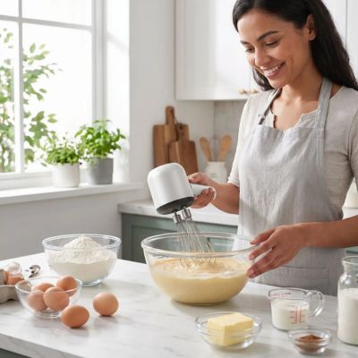 Batteur Electrique mélange efficacement des ingrédients pour réaliser une pâte à muffins dans une cuisine élégante.