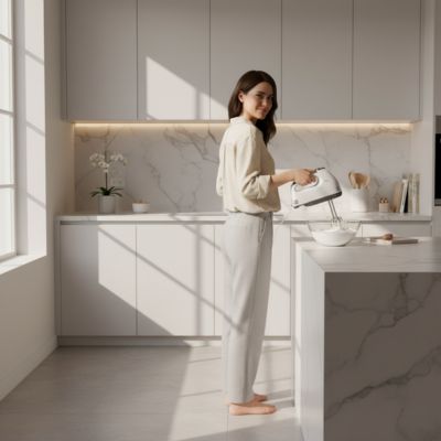Batteur électrique fouettant des blancs d'œufs pour réaliser une meringue dans une cuisine design.