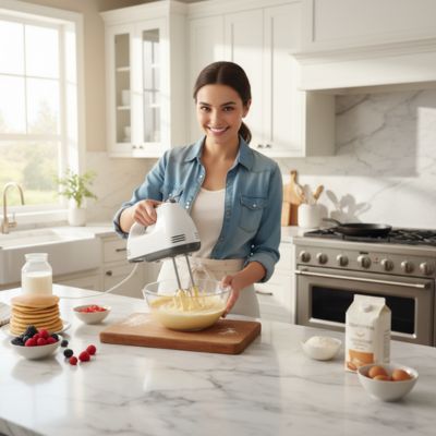 Batteur électrique utilisé pour préparer une pâte à crêpes dans une cuisine familiale contemporaine.
