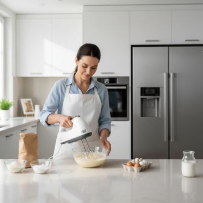 Batteur électrique en action pour mélanger une pâte à gâteau dans une cuisine élégante et moderne.