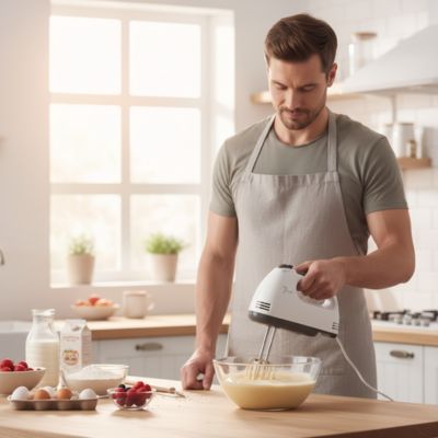 Batteur électrique préparant une pâte à gaufres dans une cuisine moderne avec des ingrédients frais.