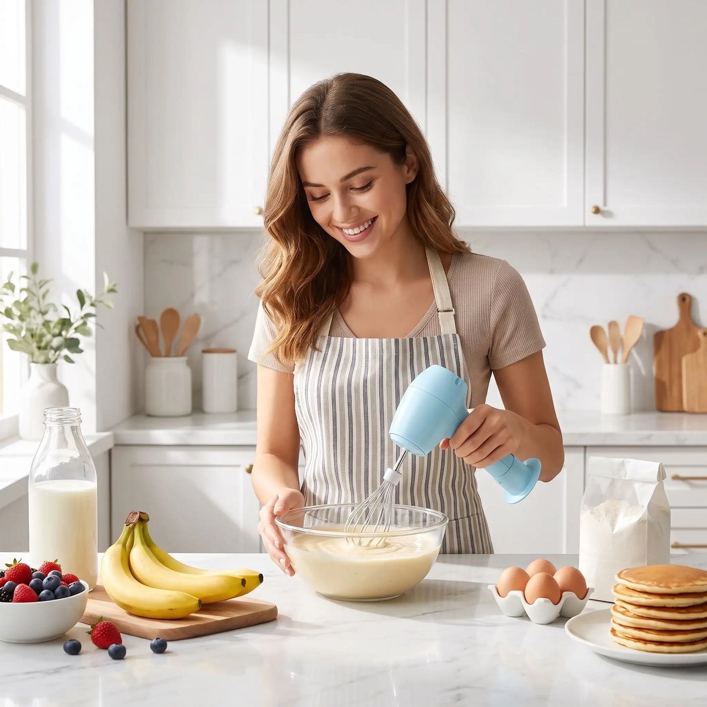 Jeune femme mélangeant une pâte avec un batteur électrique portable dans une cuisine élégante.