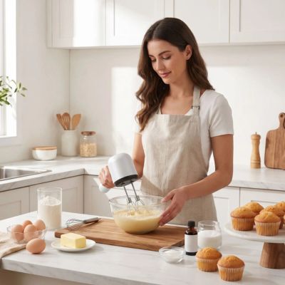 Batteur Electrique utilisé par une femme préparant une pâte à gâteau dans une cuisine lumineuse et moderne avec un saladier en inox.