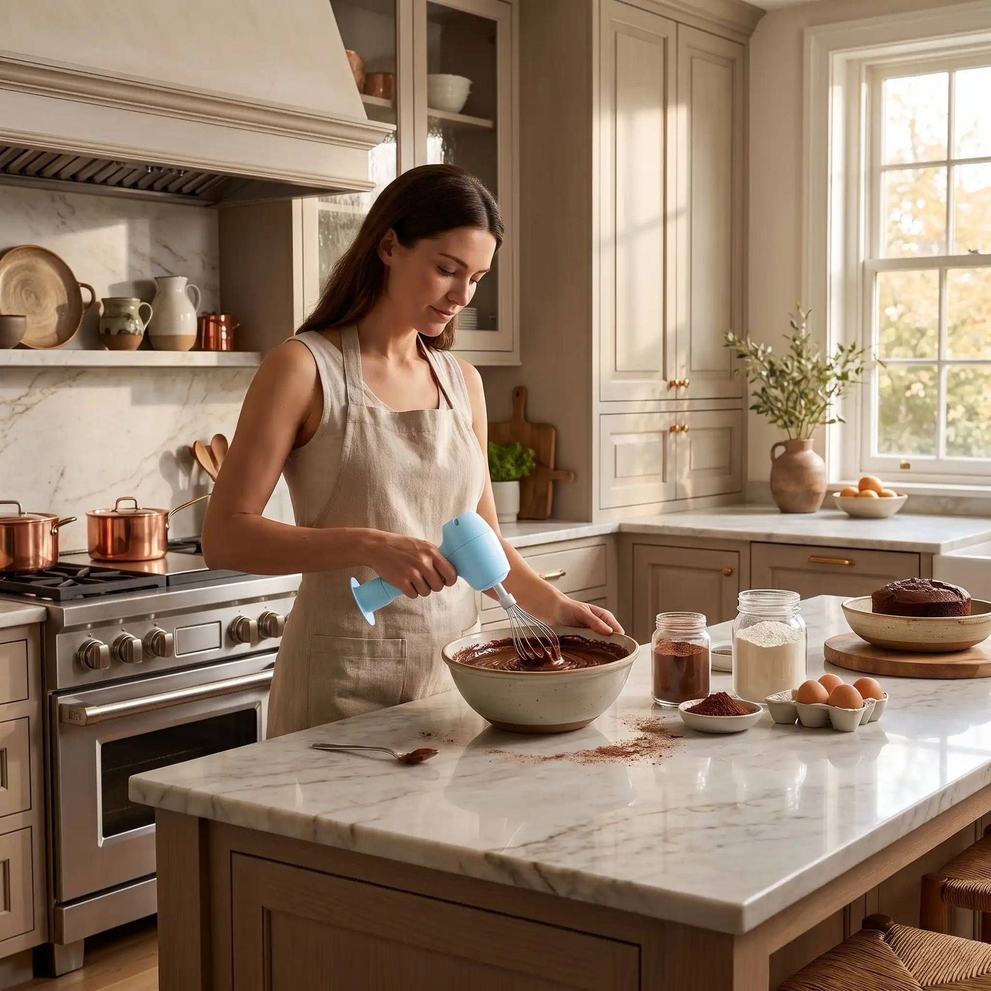 Femme préparant une recette avec un batteur électrique puissant sur un plan de travail de cuisine.