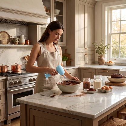 Femme préparant une recette avec un batteur électrique puissant sur un plan de travail de cuisine.