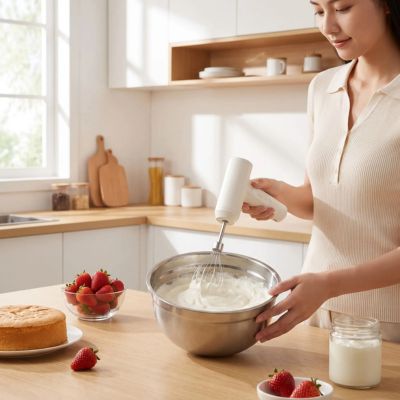 Batteur Electrique Rechargeable fouette une crème légère dans un grand bol de cuisine