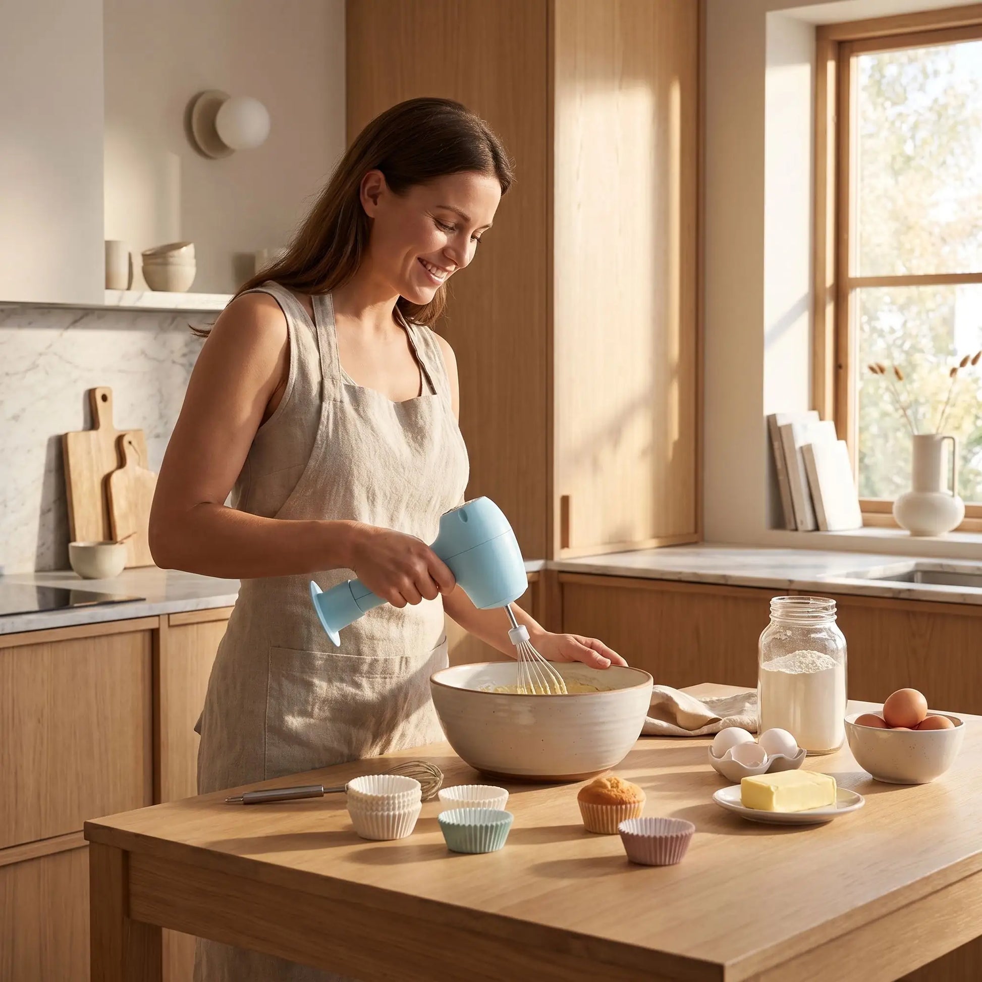 Utilisation d'un batteur électrique rechargeable pour préparer une pâte à gâteau dans une cuisine moderne.