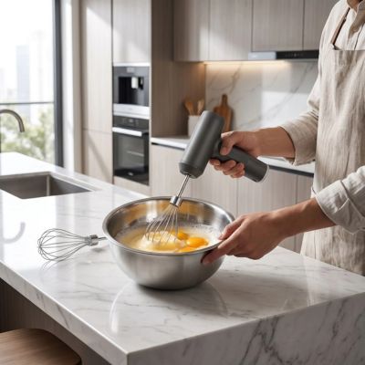 Batteur Electrique Sans Fil mélange une pâte à gâteau dans un saladier en acier inoxydable