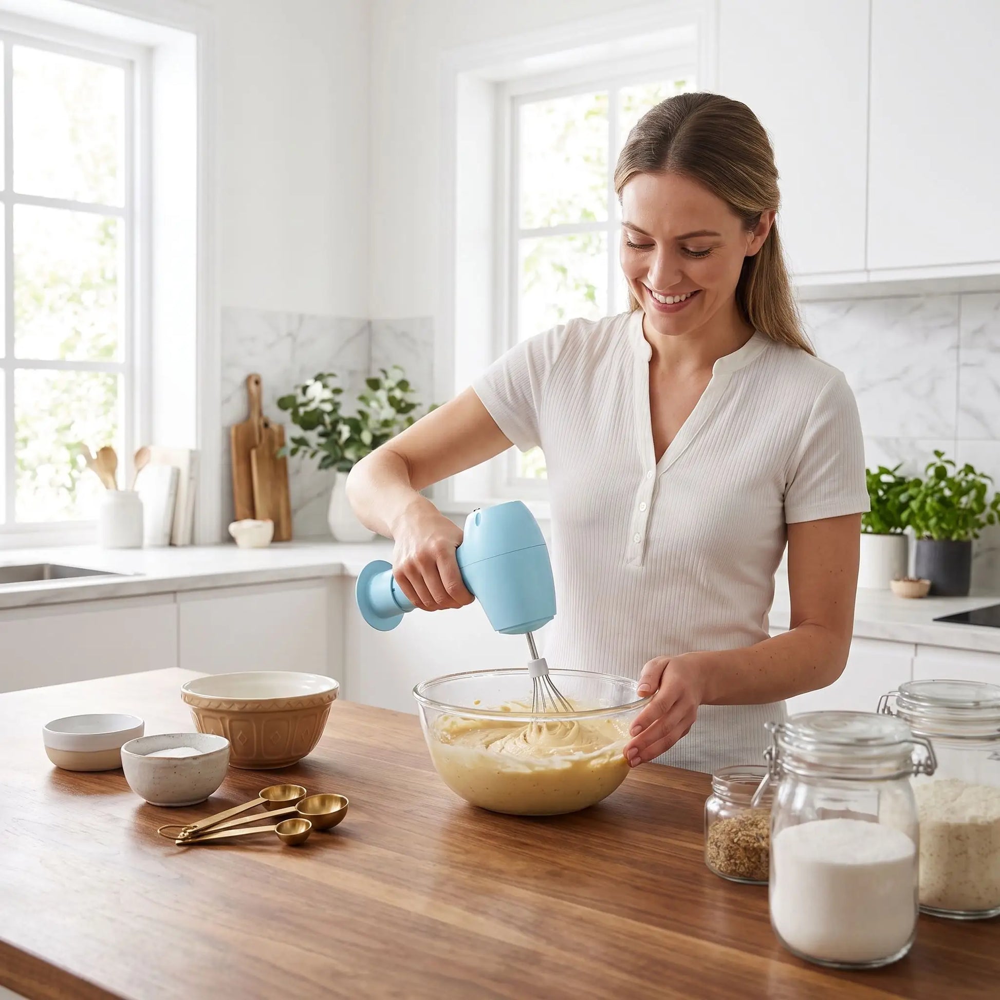 Femme utilisant un batteur électrique sans fil pour mélanger une pâte dans un saladier en cuisine lumineuse.