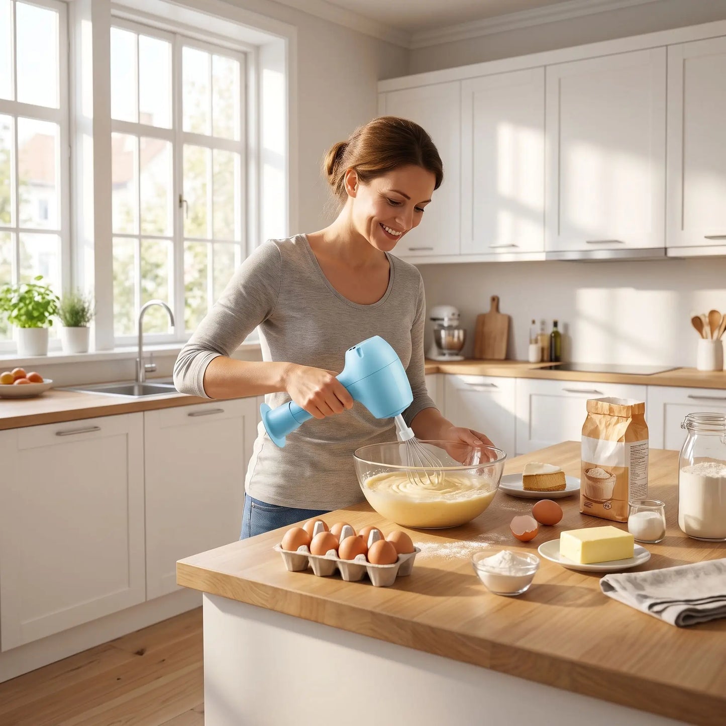 Femme utilisant un batteur électrique sans fil rechargeable pour préparer une pâte maison avec des ingrédients frais.