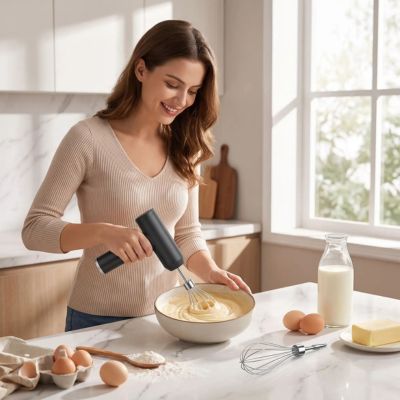 Batteur Electrique Sans Fil USB mélange une pâte légère avec efficacité dans un saladier