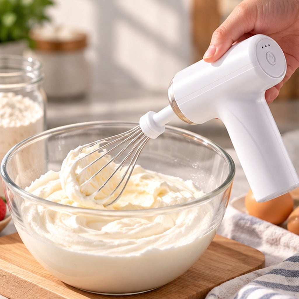 Batteur mixeur blanc fouettant une crème maison