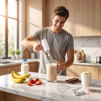 Batteur Mixeur rechargeable USB-C avec trois vitesses utilisé pour mélanger des ingrédients dans une cuisine lumineuse.