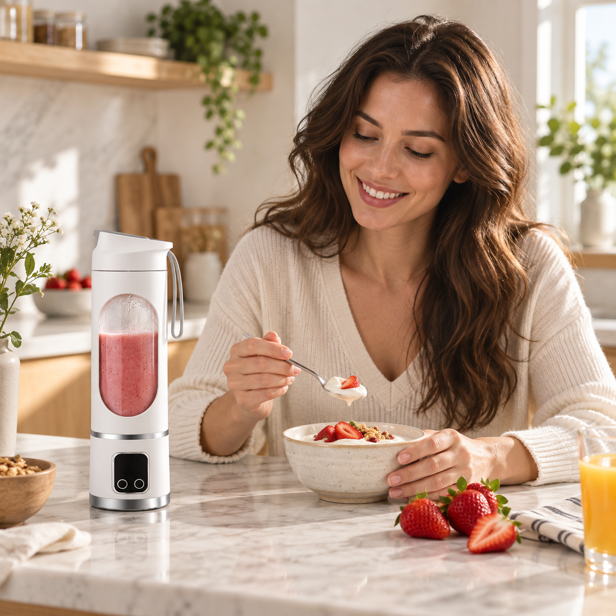 Blender smoothie blanc avec fraises et bol de yaourt