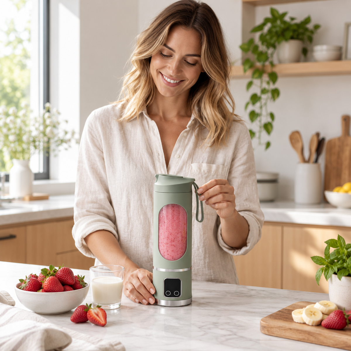 Blender smoothie vert avec une boisson aux fraises