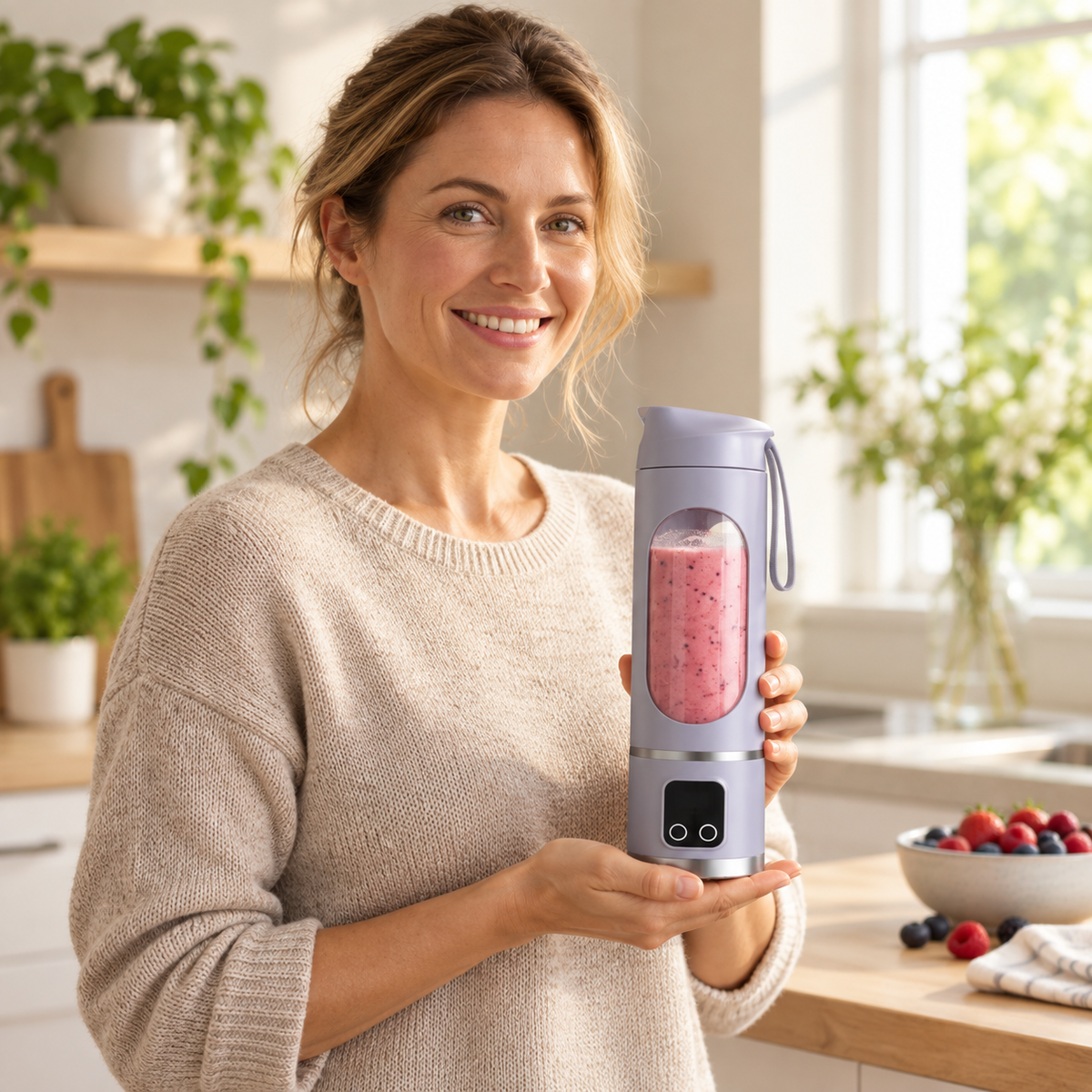 Femme tenant un blender smoothie violet aux fruits rouges