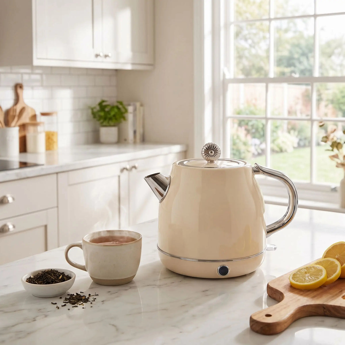 Bouilloire électrique rétro en blanc cassé en cuisine