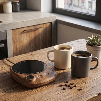 Chauffe tasse sur bureau en bois avec tasse de café