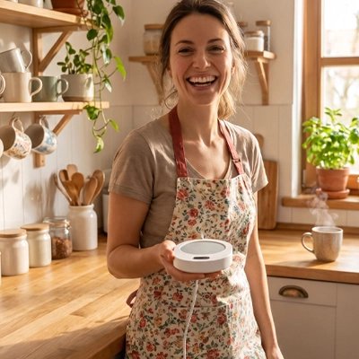 chauffe tasse usb avec femme dans la cuisine