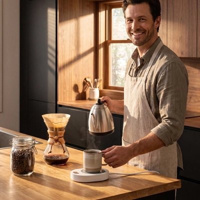 chauffe tasse usb avec homme et tasse chaude