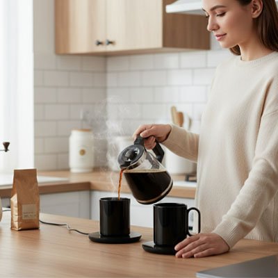 Chauffe tasse USB avec tasse sur plan de travail