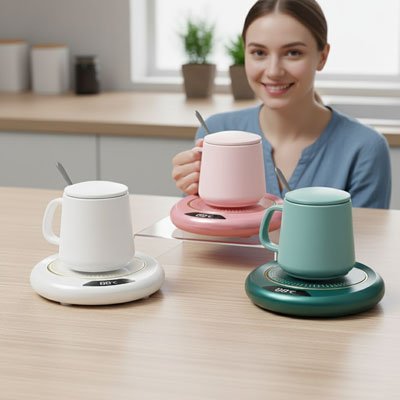 Chauffe tasse USB compact avec tasse en céramique sur table