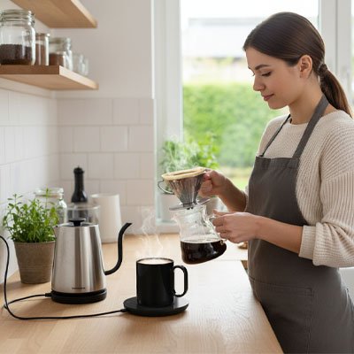 Chauffe tasse USB dans la cuisine avec tasse de cafe