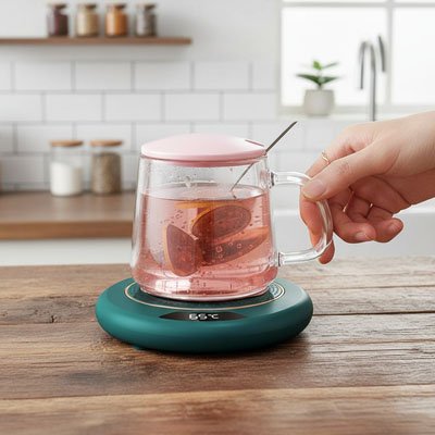 Chauffe tasse USB sur bureau de cuisine avec tasse en verre
