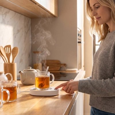 chauffe tasse usb sur comptoir en bois