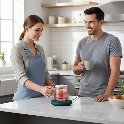 Chauffe tasse USB utilisé par un couple dans une cuisine moderne