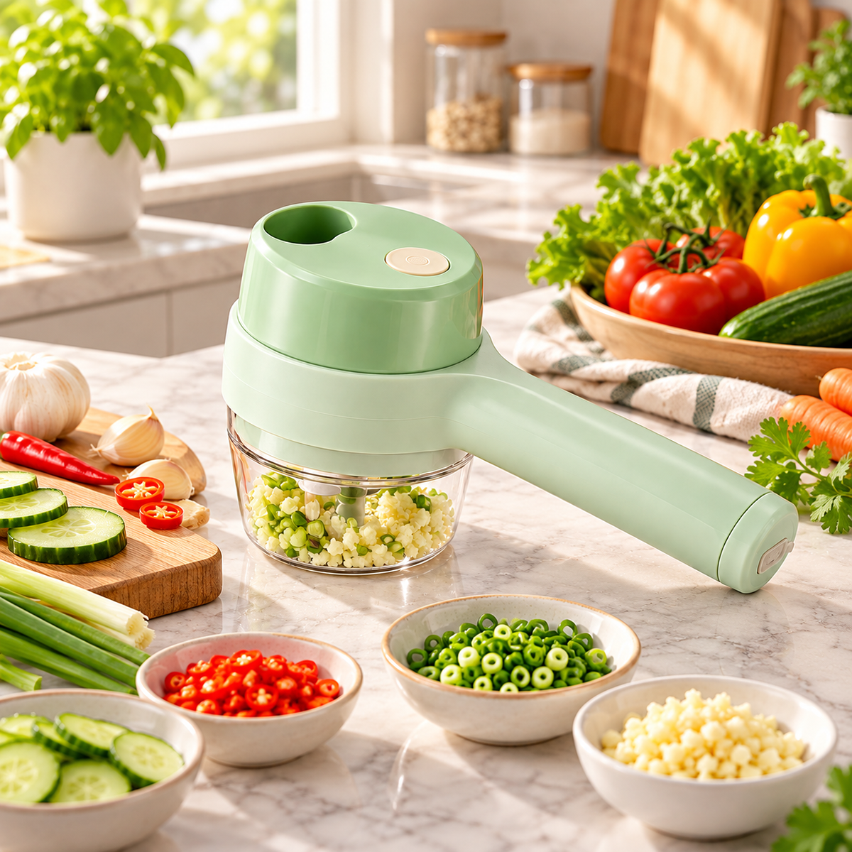 Coupe-légumes électrique vert dans une cuisine moderne