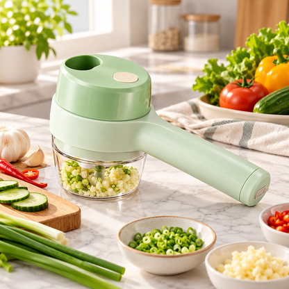 Coupe-légumes électrique vert avec bol transparent en cuisine