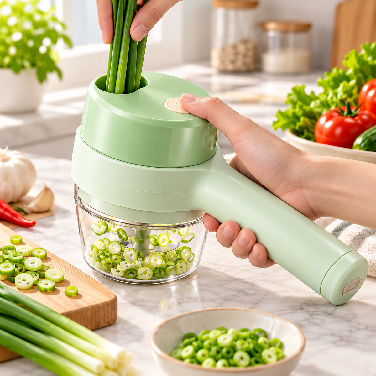 Coupe-légumes électrique vert découpant des oignons verts